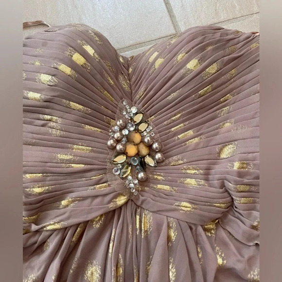 - ADRIANNA PAPELL BLUSH FOILED METALLIC DOT DRAPED STRAPLESS GOWN SZ 6 - Picture 4 of 16